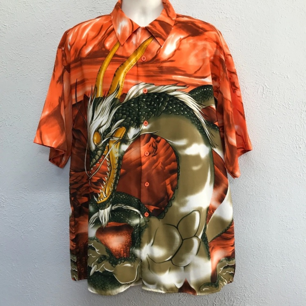 VTG TRUST Asian Dragon Shirt Mens XL Orange Olive Y2K 90s Button Up Short Sleeve